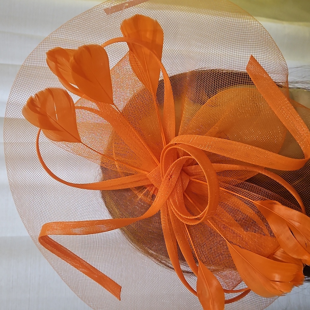 NWT ORANGE FASCINATOR Hat Headband Clip Derby Church Tea Hair Accessory - Picture 2 of 8